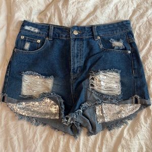 Silver sequin detail jean shorts